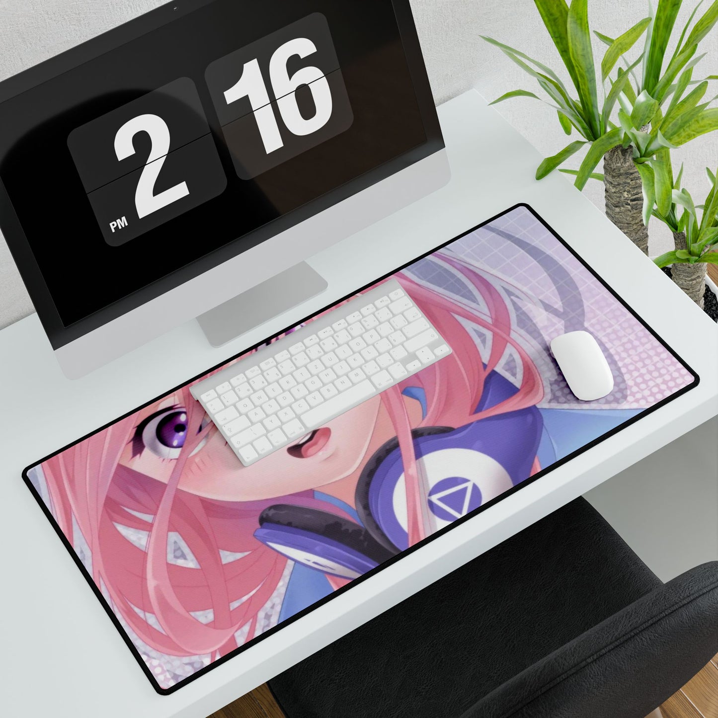 A girl with pink hair and headphones Mouse Pad