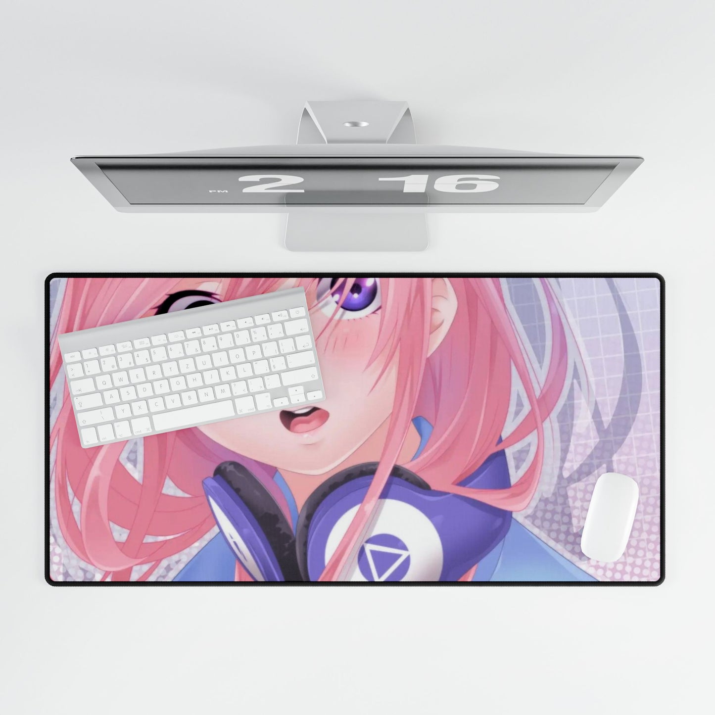 A girl with pink hair and headphones Mouse Pad