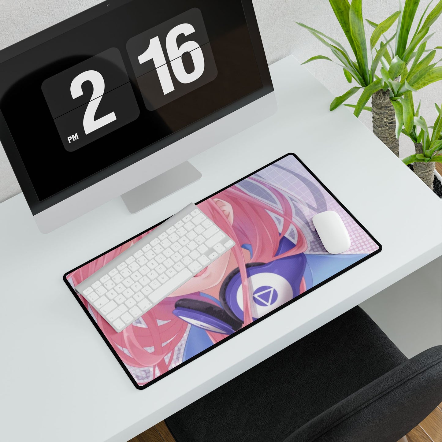 A girl with pink hair and headphones Mouse Pad